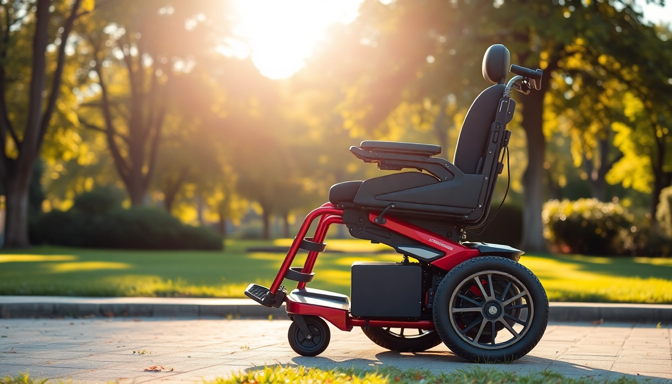 Effortlessly maneuver a power wheelchair with a modern design in a sunny outdoor setting.