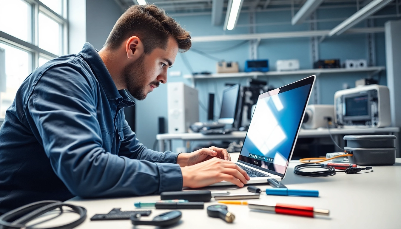 Riparazione pc torino: Tecnico esperto al lavoro su un laptop in un laboratorio moderno.