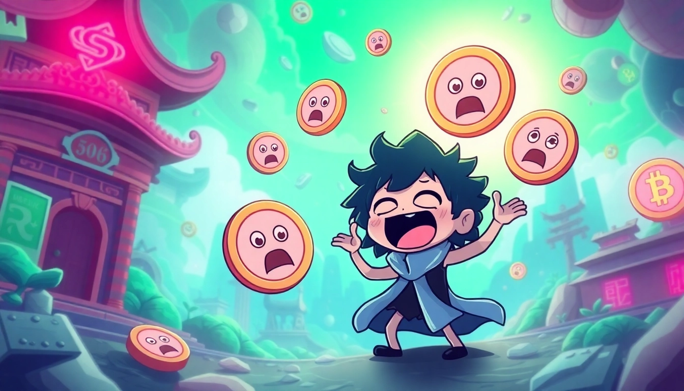 Engaging 4chan meme crypto theme with a cartoon character in a digital landscape.