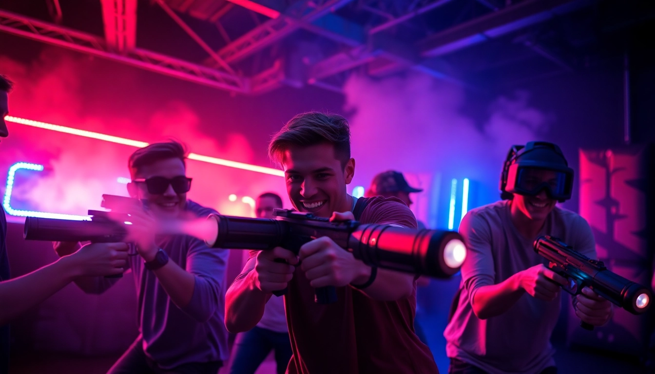 Exciting laser tag match featuring players in a neon-lit arena showcasing vibrant colors and action.