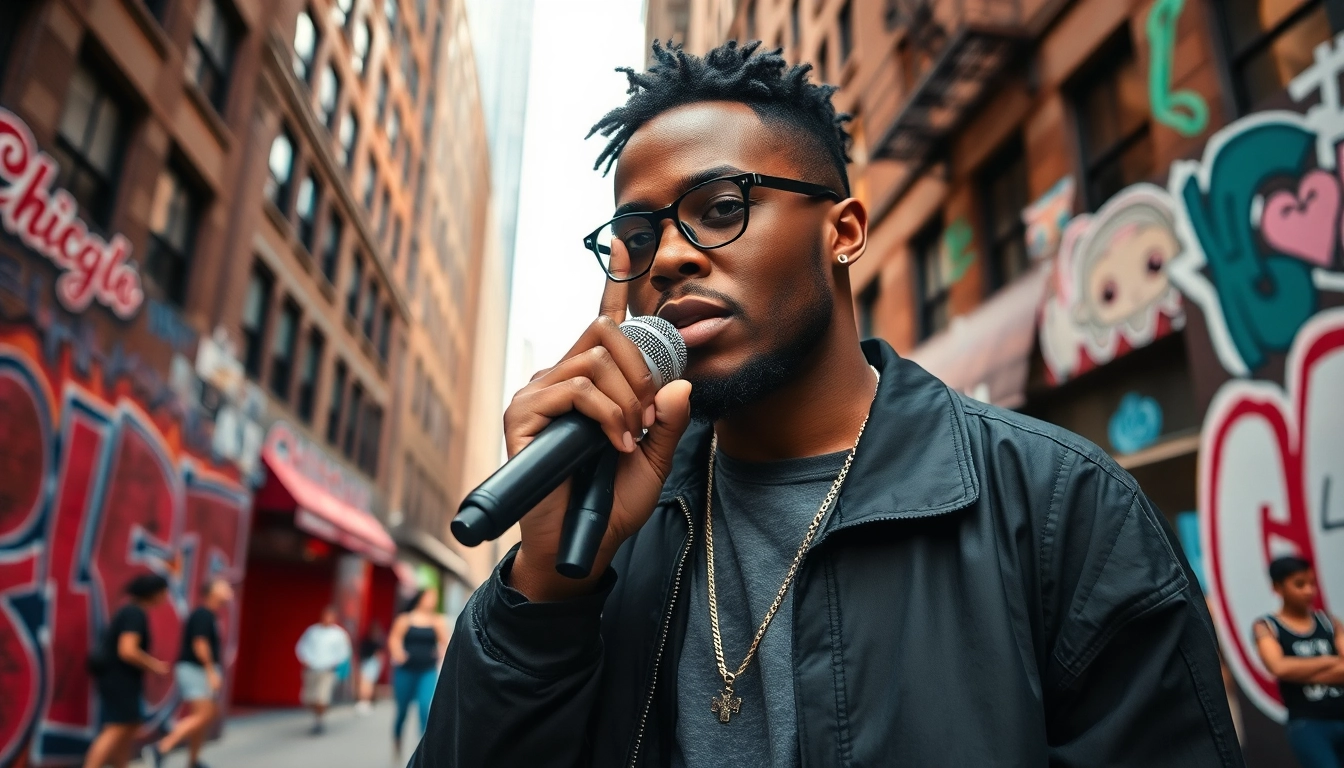 Artist performing Chicago rap lyrics in a vibrant urban setting with colorful street art.