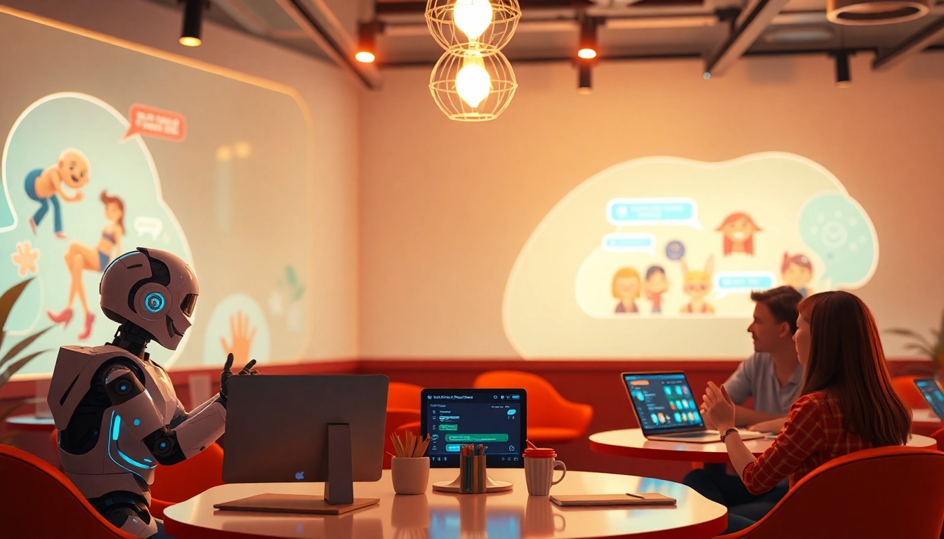 Engaging interaction with chat ai sex characters in a vibrant digital cafe setting.