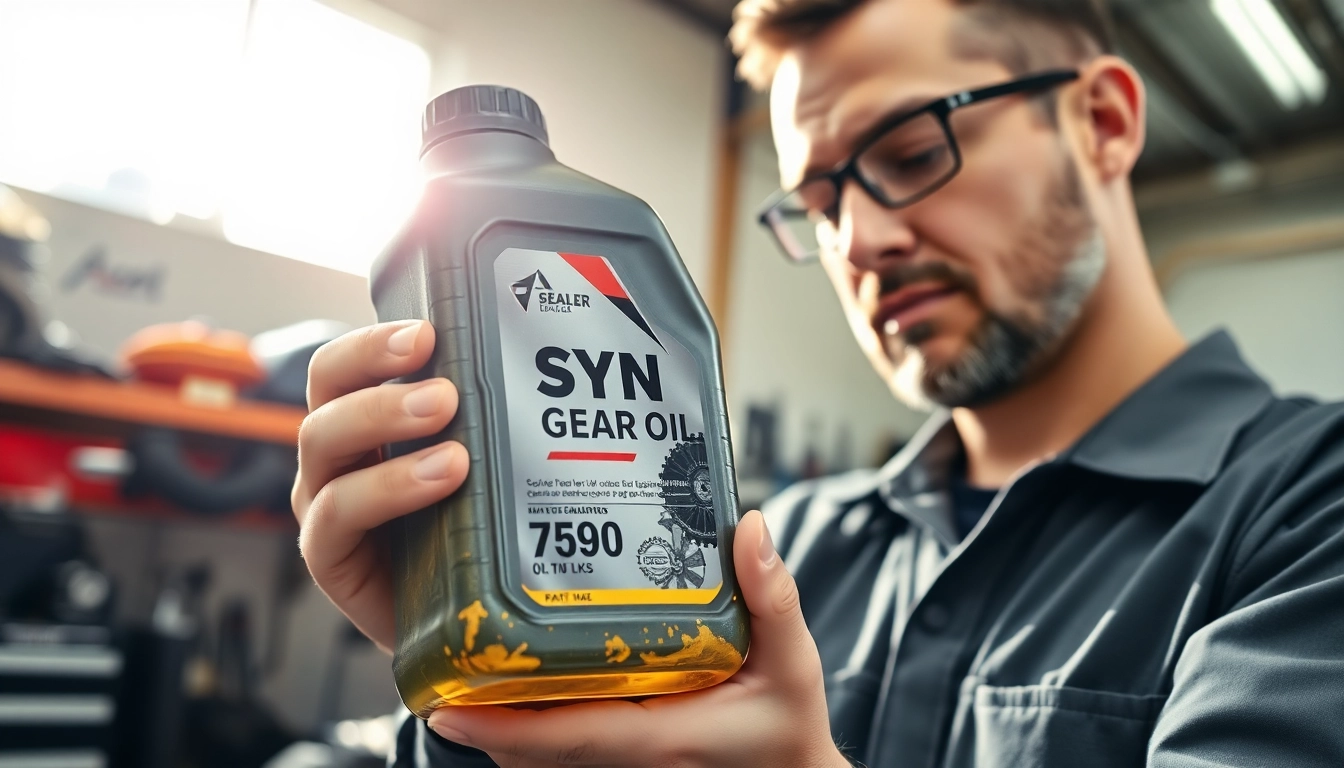 Inspecting syn gear oil 75w90 for quality assurance in a professional workshop setting.