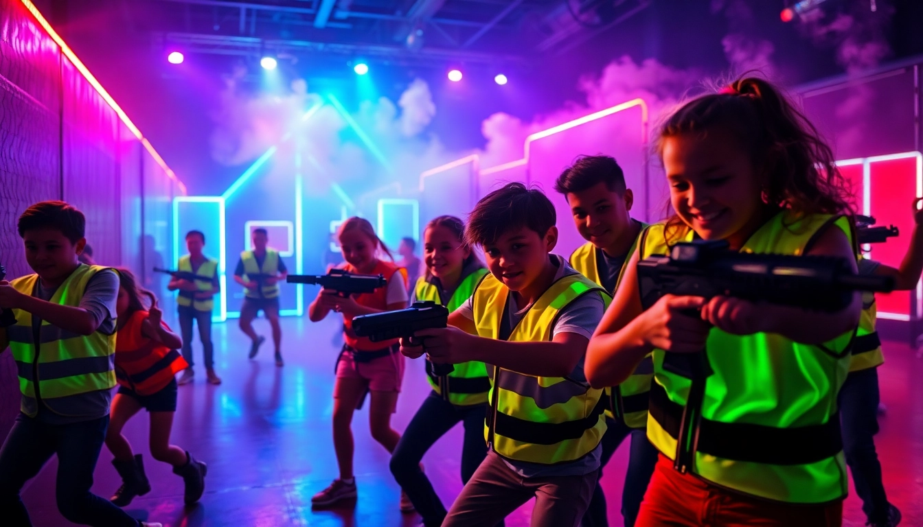 Players joyfully engaging in a laser tag match, showcasing excitement and teamwork.