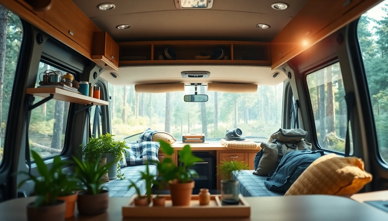 Highlighting the perfect Van setup with a cozy interior in a serene outdoor environment.