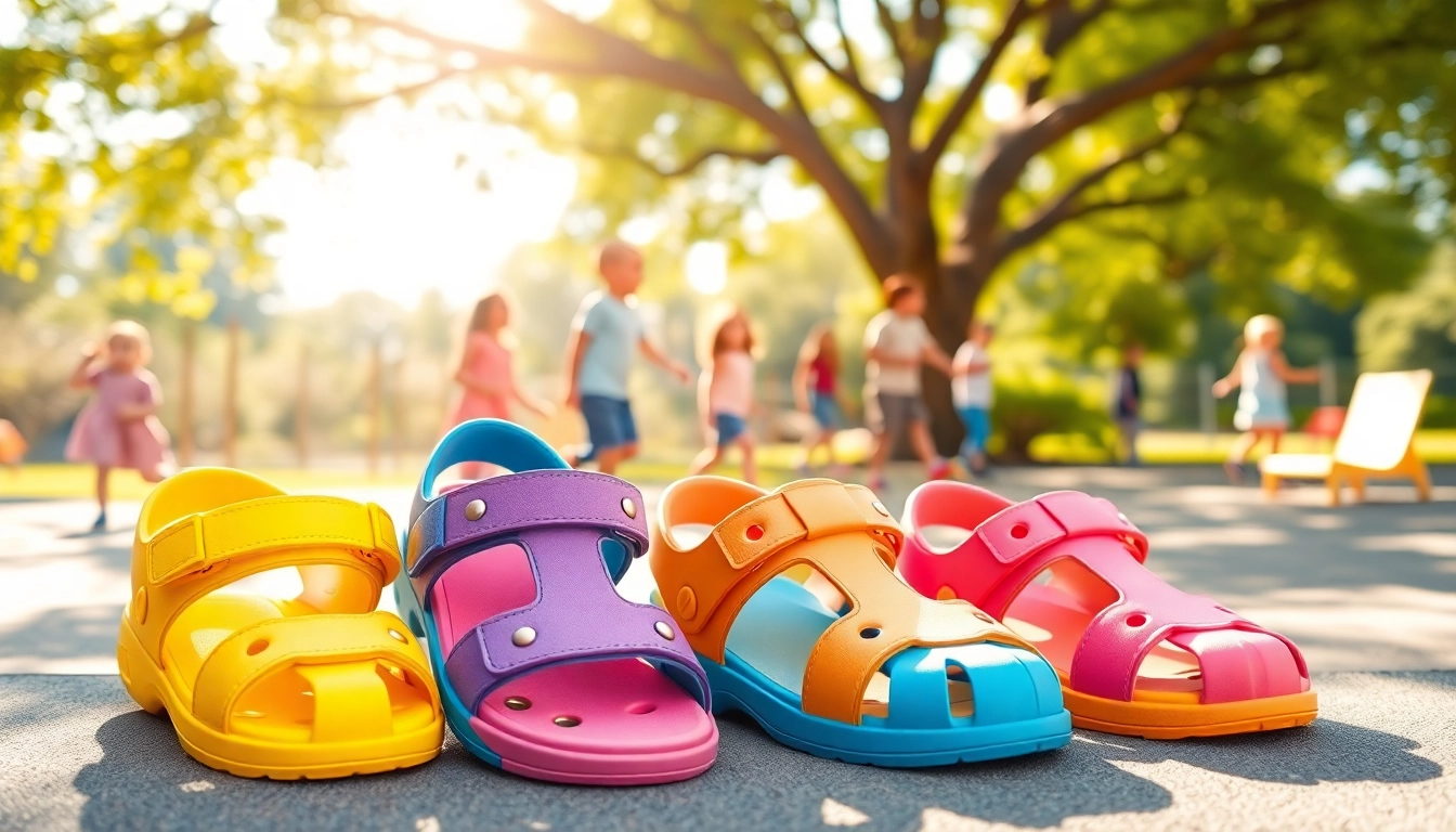 Bewundern Sie modische Kindersandalen in lebhaften Farben auf einem Spielplatz.