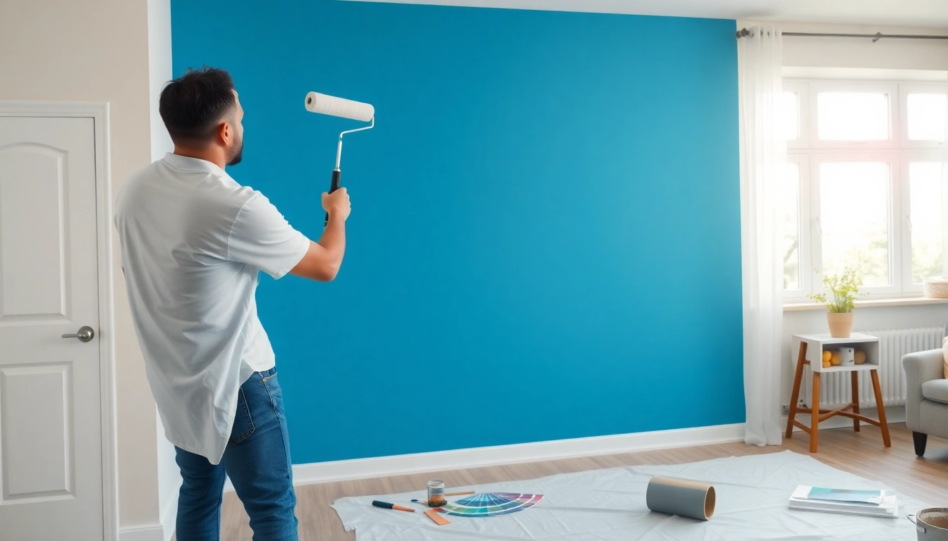A skilled professional performing interior painting, highlighting vibrant colors and techniques.