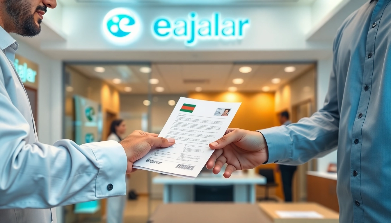 Tenant discussing ejari cancellation​ documents with landlord at a real estate office.
