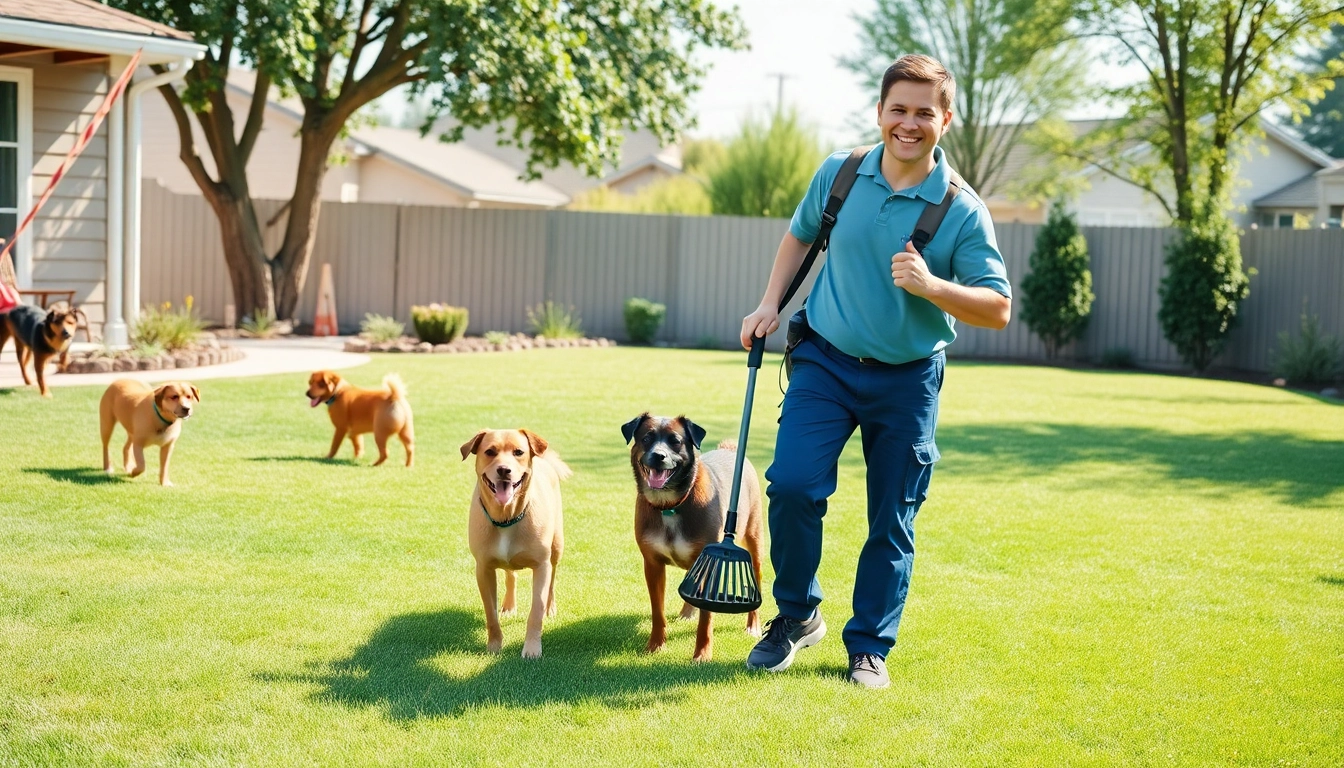 Engaging dog poop cleanup in a vibrant backyard with a technician scooping waste.