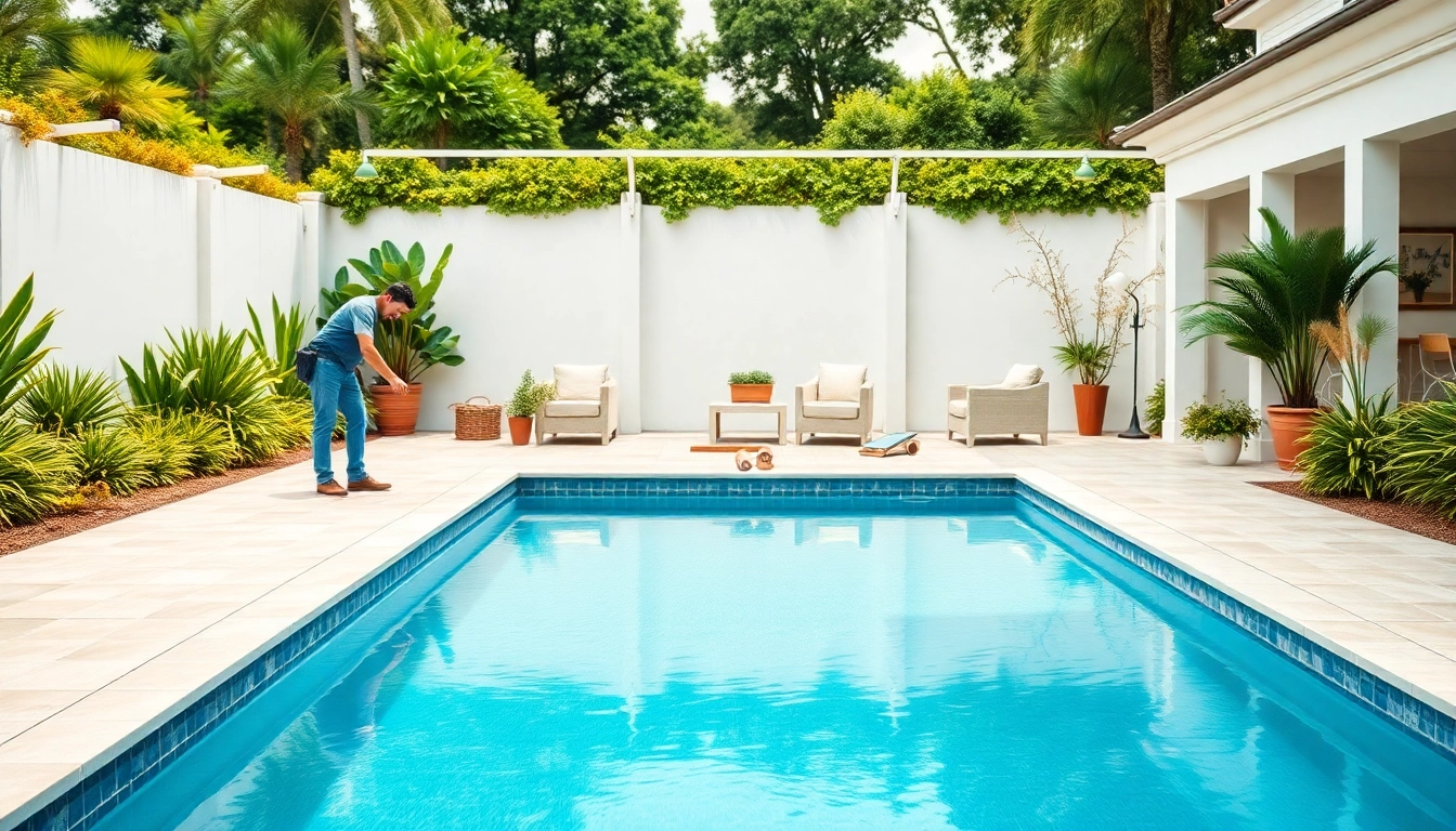 Skilled swimming pool builder installing a custom inground pool in a beautiful backyard setting.