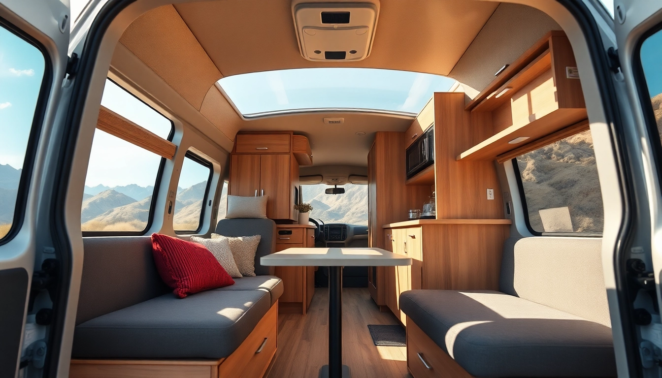 Upgrading Camper Vans with modern interiors and efficient storage solutions in a scenic outdoor setting.