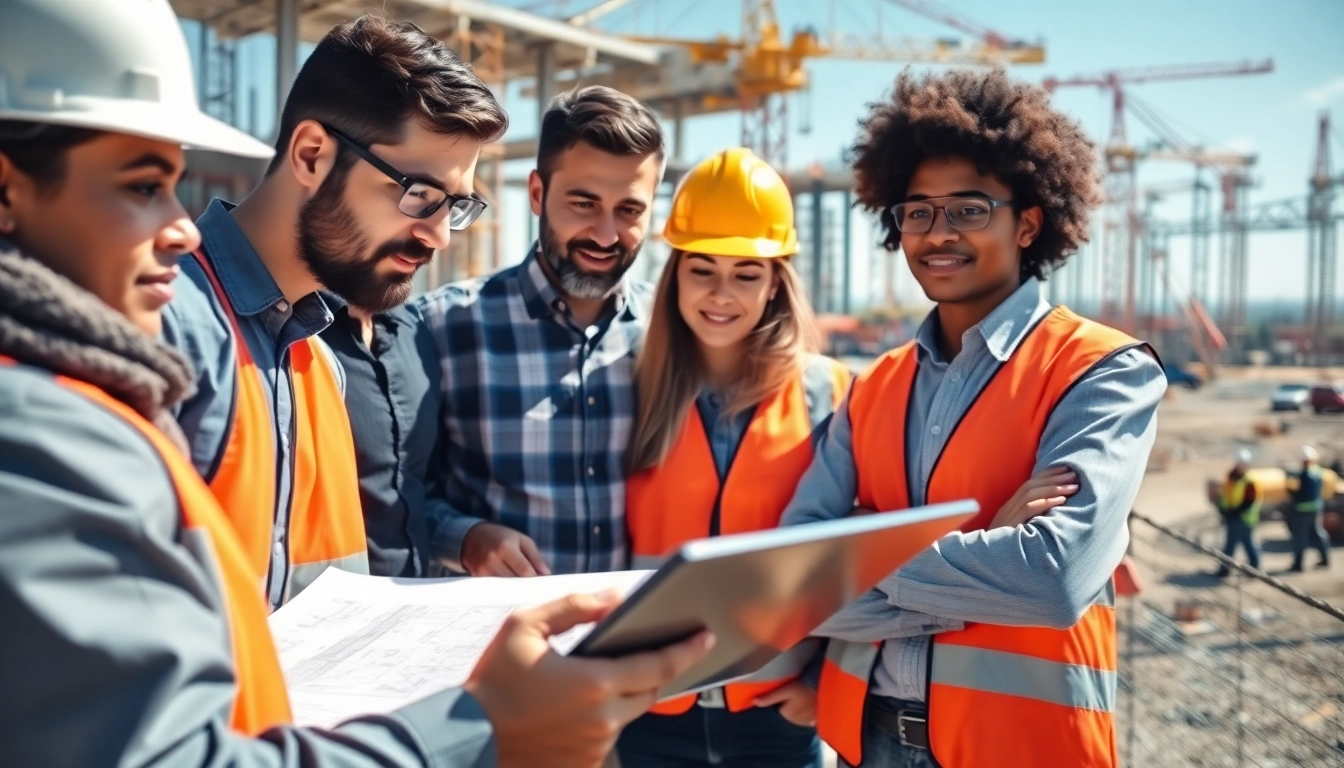 Team assessing nvq level 6 construction site management answers on a busy construction site