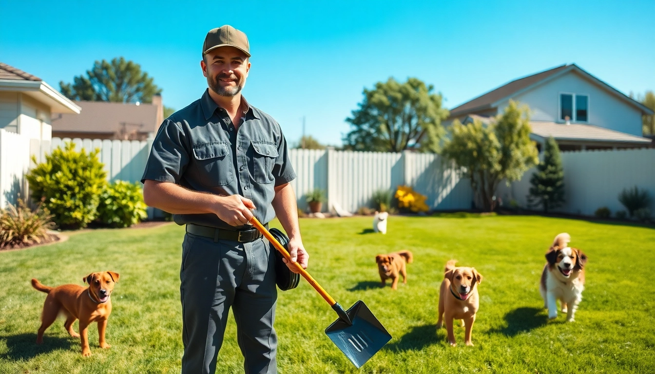 Dog clean up service technician cleaning a yard for pet owners, ensuring a clean environment.