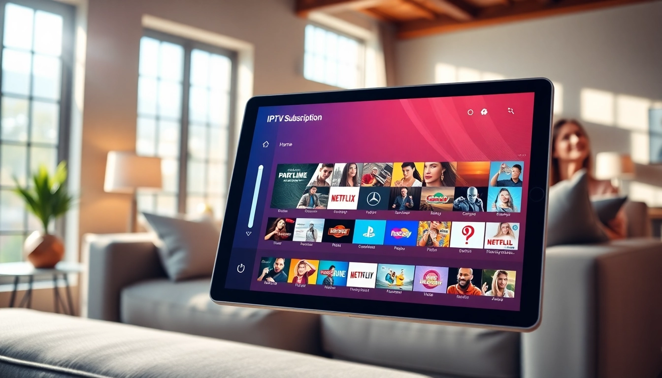 Explore IPTV Subscription USA services with modern tablet streaming interface in a cozy living room.