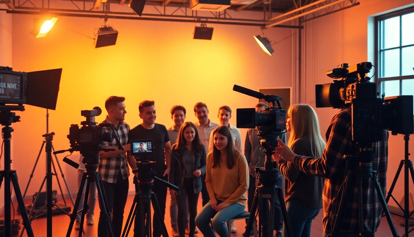 Creating dynamic 홍보영상제작 with a creative team in a vibrant film studio setting