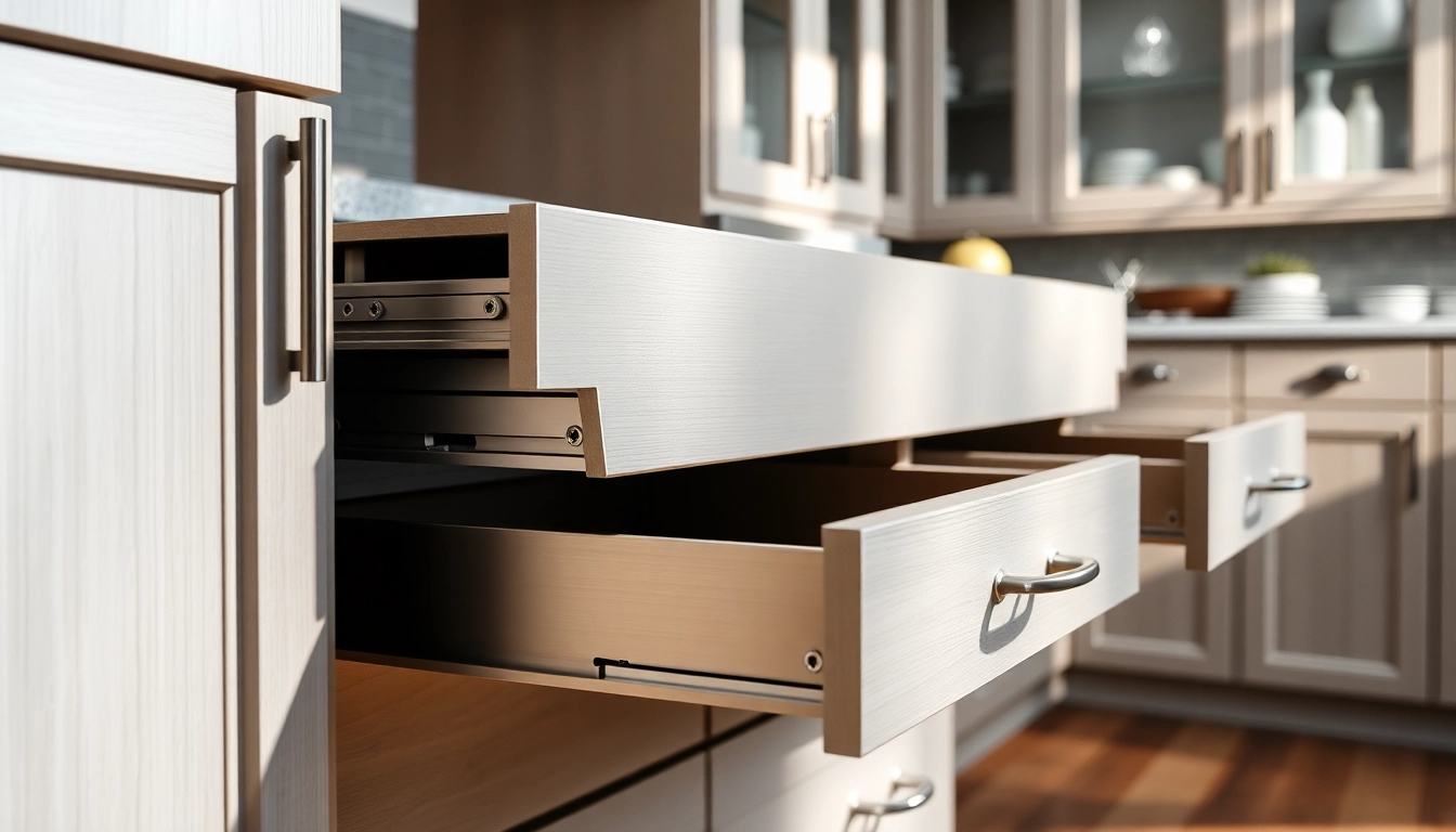 Metal Drawer System showcasing smooth slides and elegant designs in a modern kitchen.