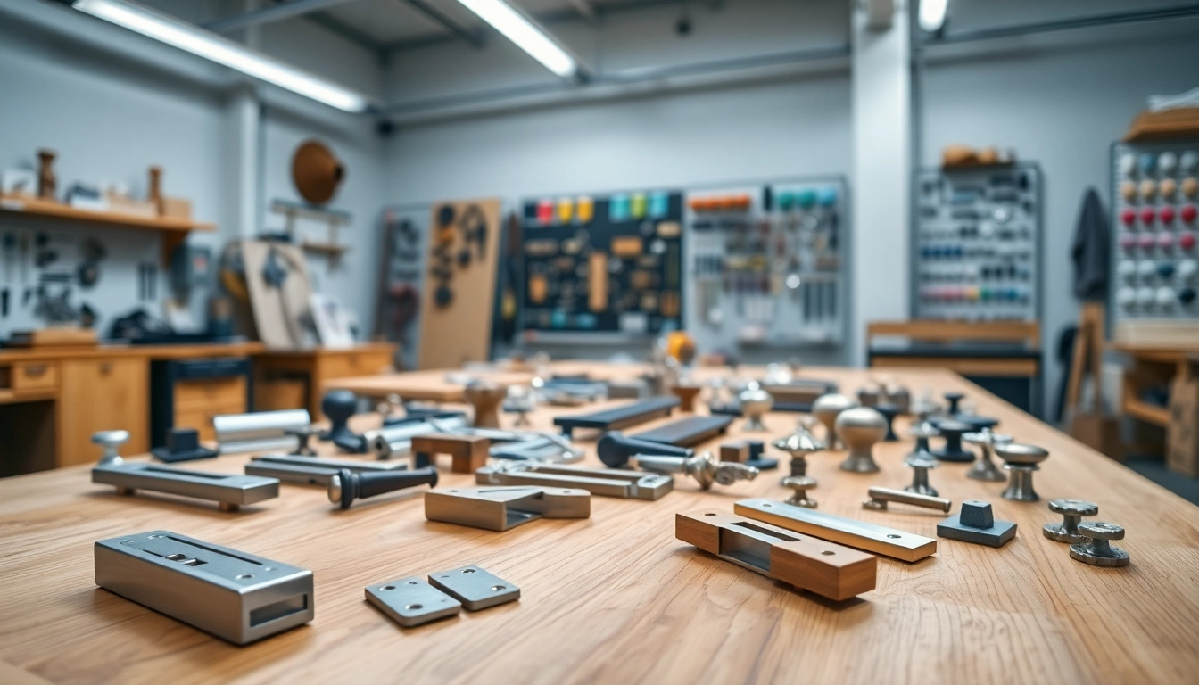 Furniture hardware suppliers exhibit unique and stylish knobs and pulls in a well-organized workshop.