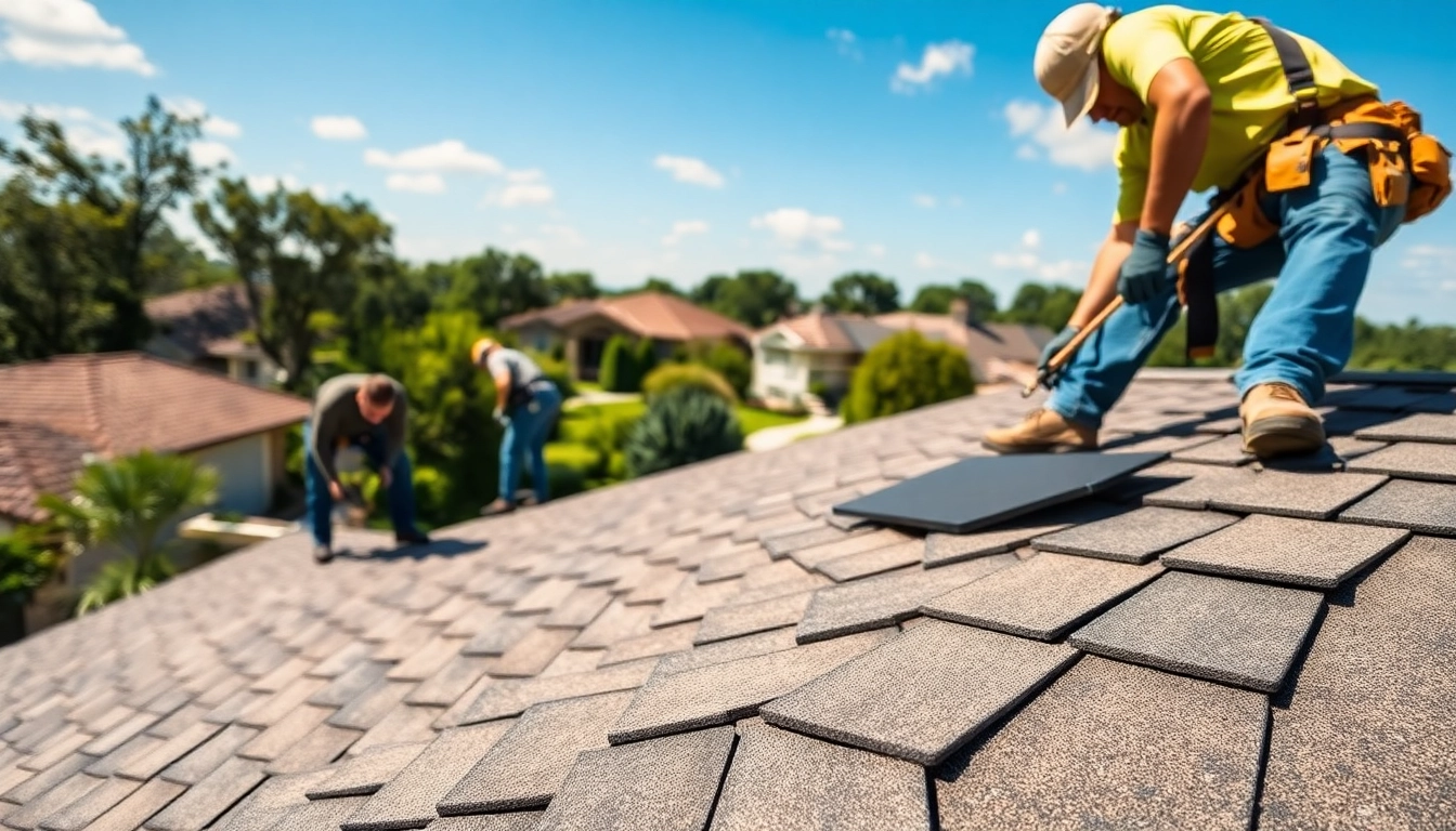 Install asphalt shingle roofing Texas with skilled workers in a sunny neighborhood.