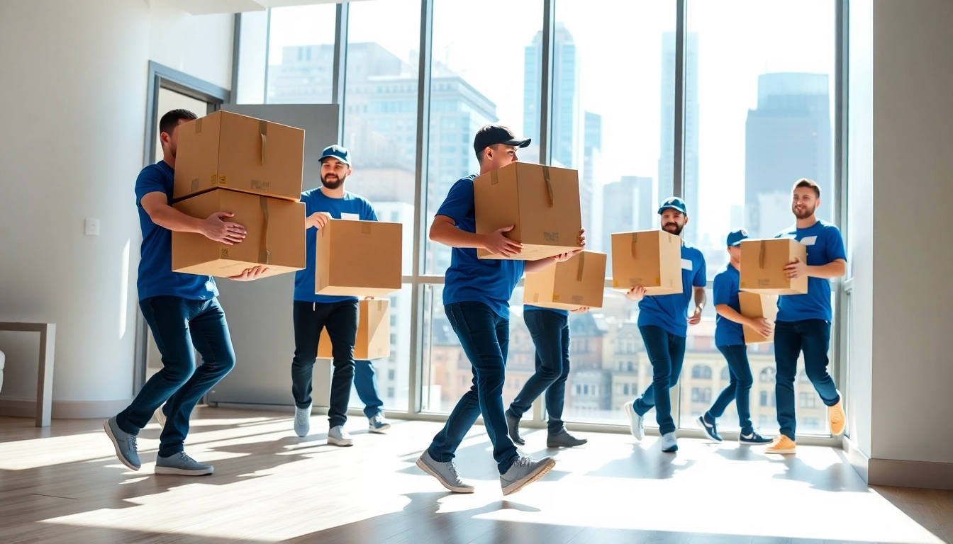 Best movers nyc team efficiently moving boxes in a vibrant New York City setting.
