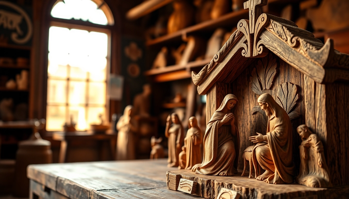 Admire intricate olive wood carvings showcasing detailed craftsmanship and rich textures.