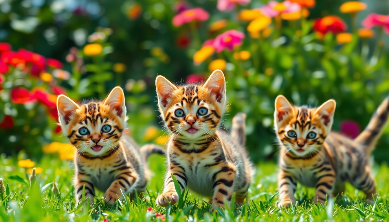 Playful Bengal Kittens for Sale in a vibrant garden setting, showcasing their unique rosetted patterns.