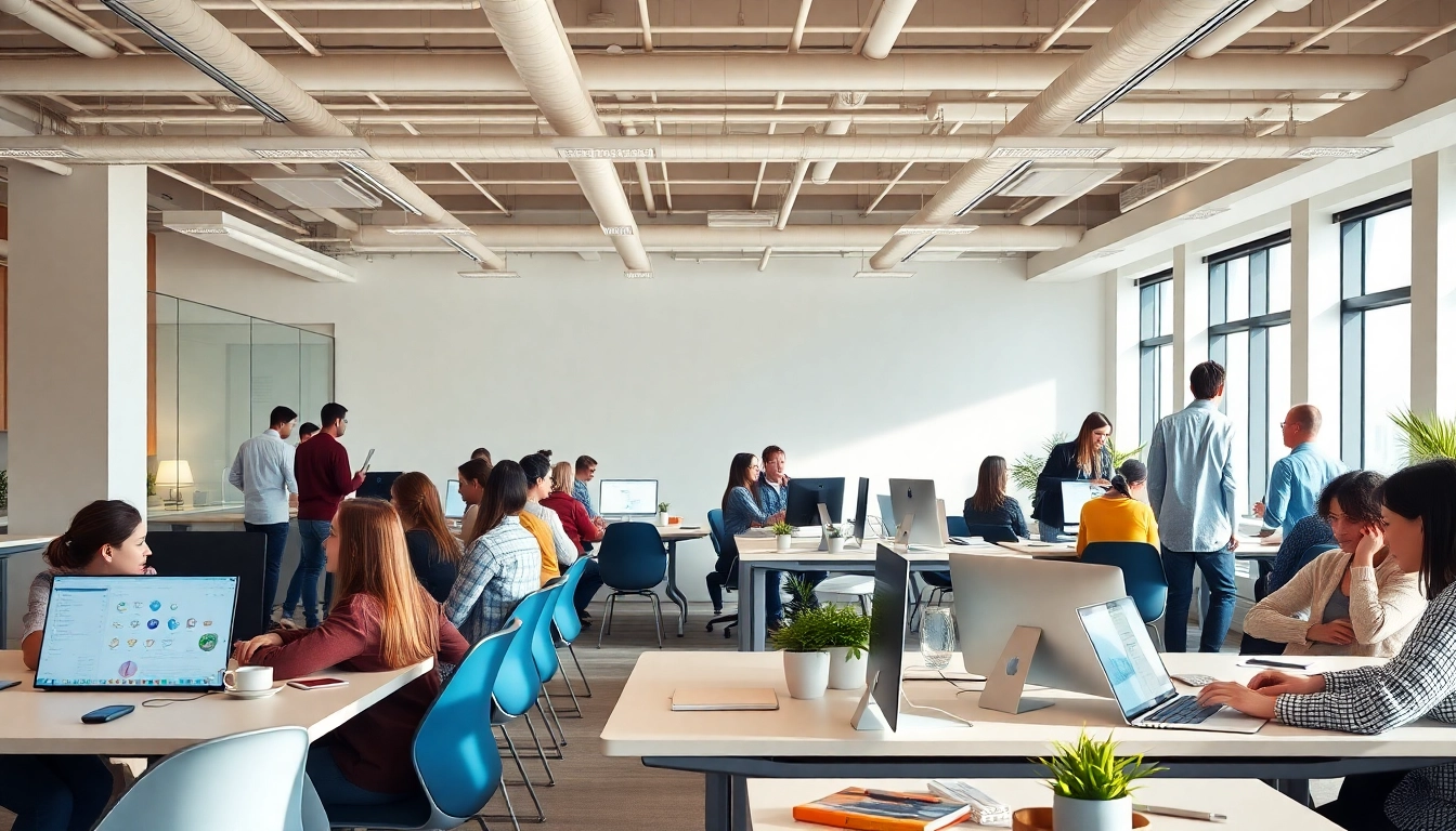Engage with the 美洽官网 platform showcasing a modern workspace filled with diverse professionals.
