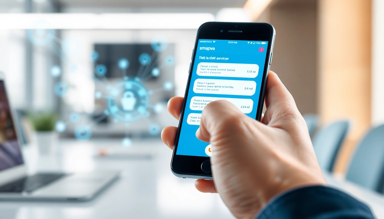 Smspva services depicted with a smartphone showing SMS messages and modern workspace.