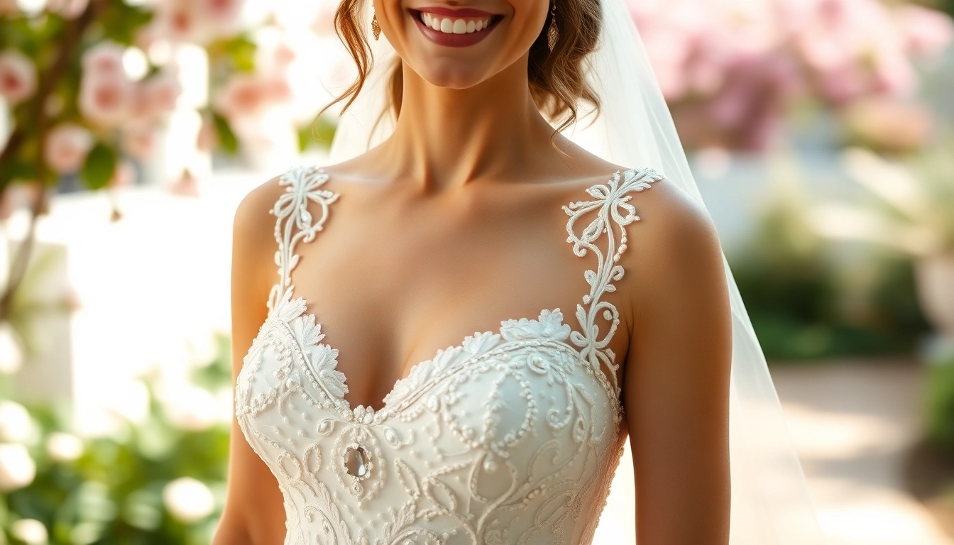 Admire beaded wedding dresses showcased on a joyful bride in a vibrant garden setting.