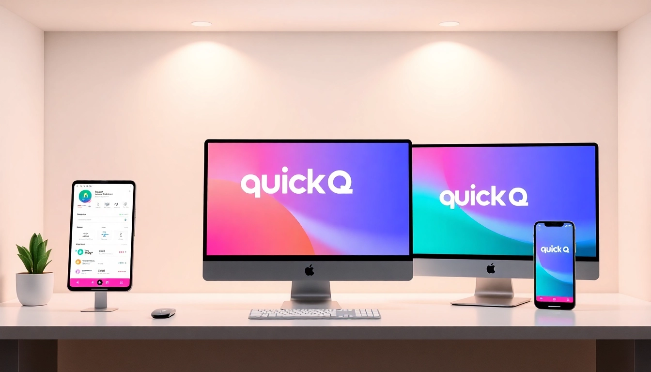 Engage with quickq官网 by viewing its innovative interface showcasing desktop and mobile applications.