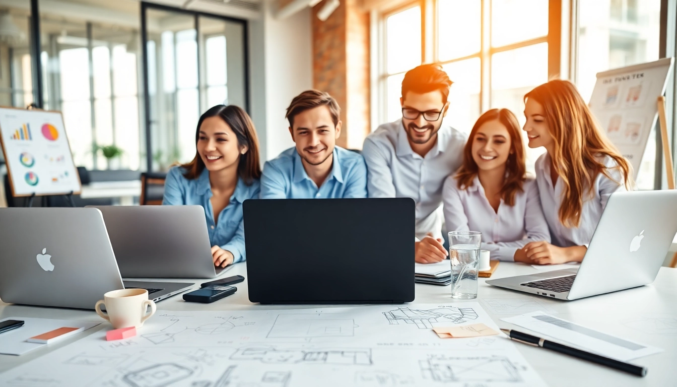 Showcasing a collaborative web development team working on a digital project in a modern office.