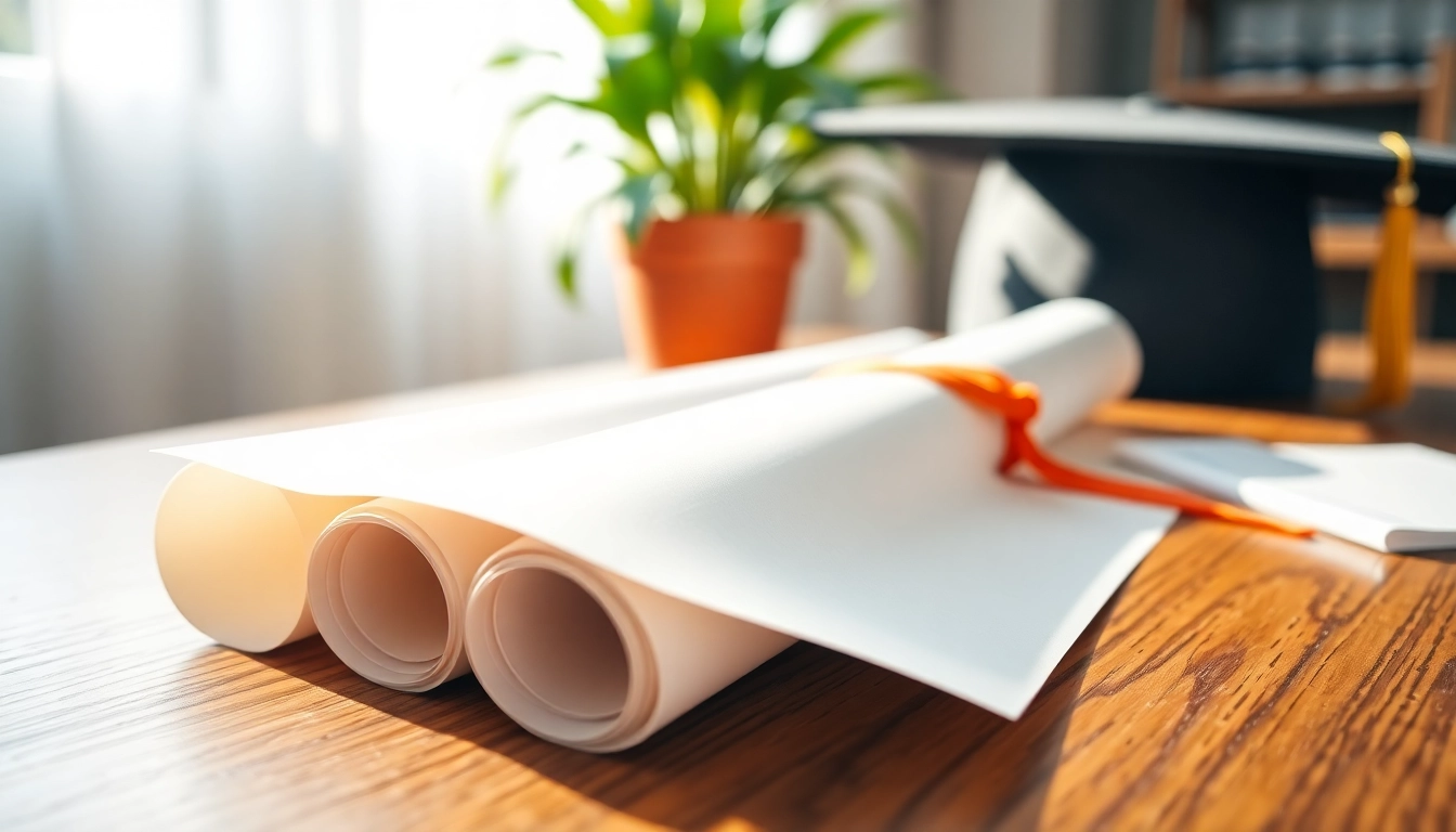 Buy diploma: A professional diplomas displayed alongside a graduation cap for a celebratory atmosphere.