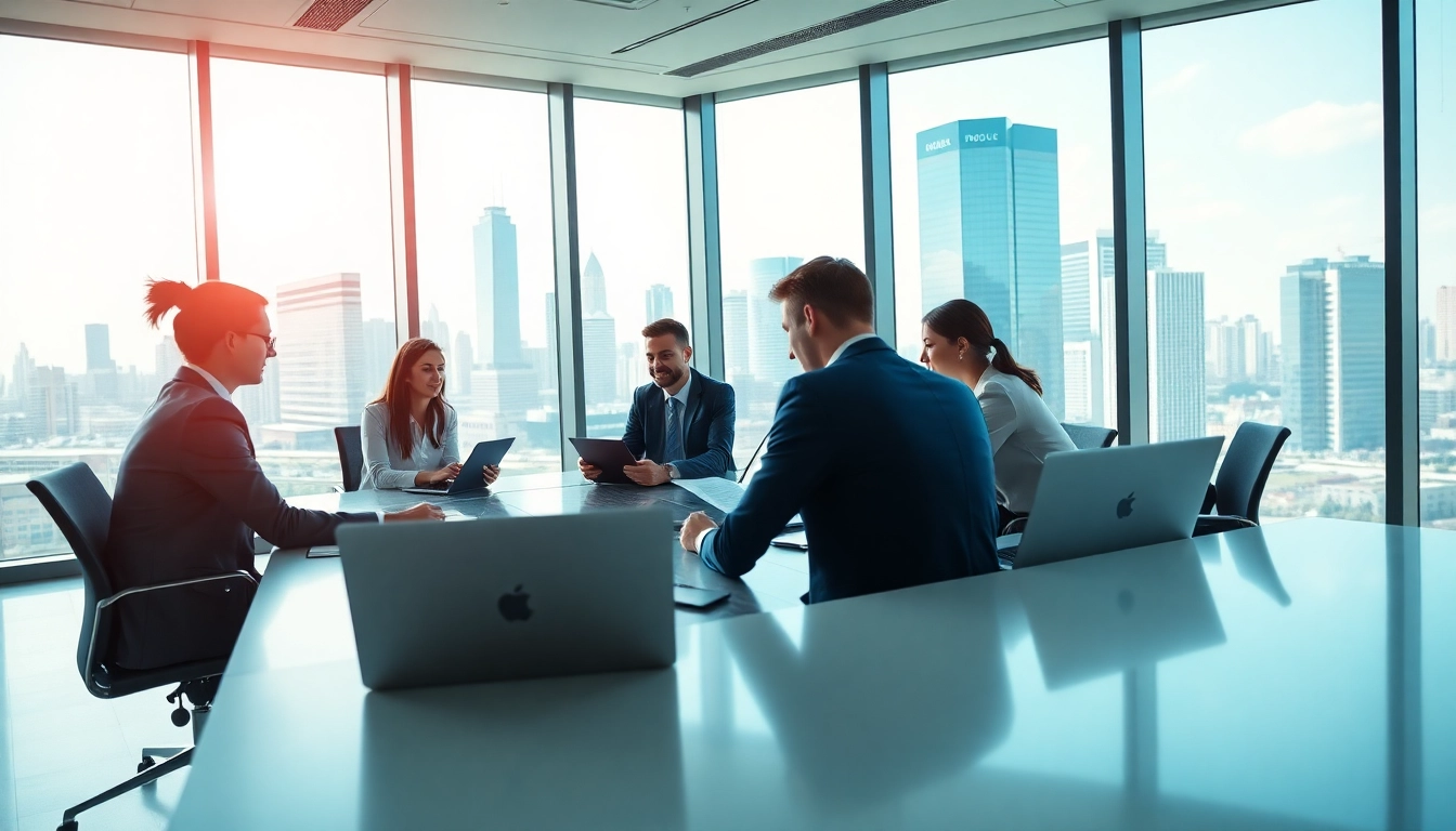 Quickplus Business Consultants collaborating in a modern office environment with city views.