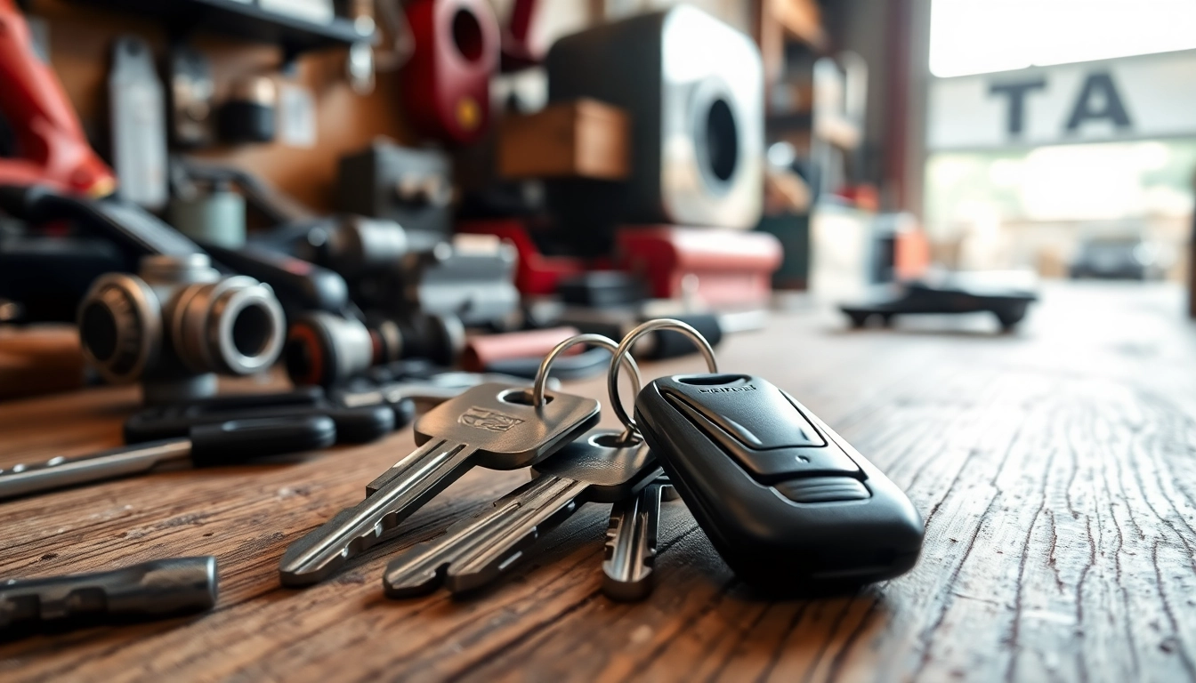 Showcase of Truck Keys with tools and mechanical parts on wooden surface.