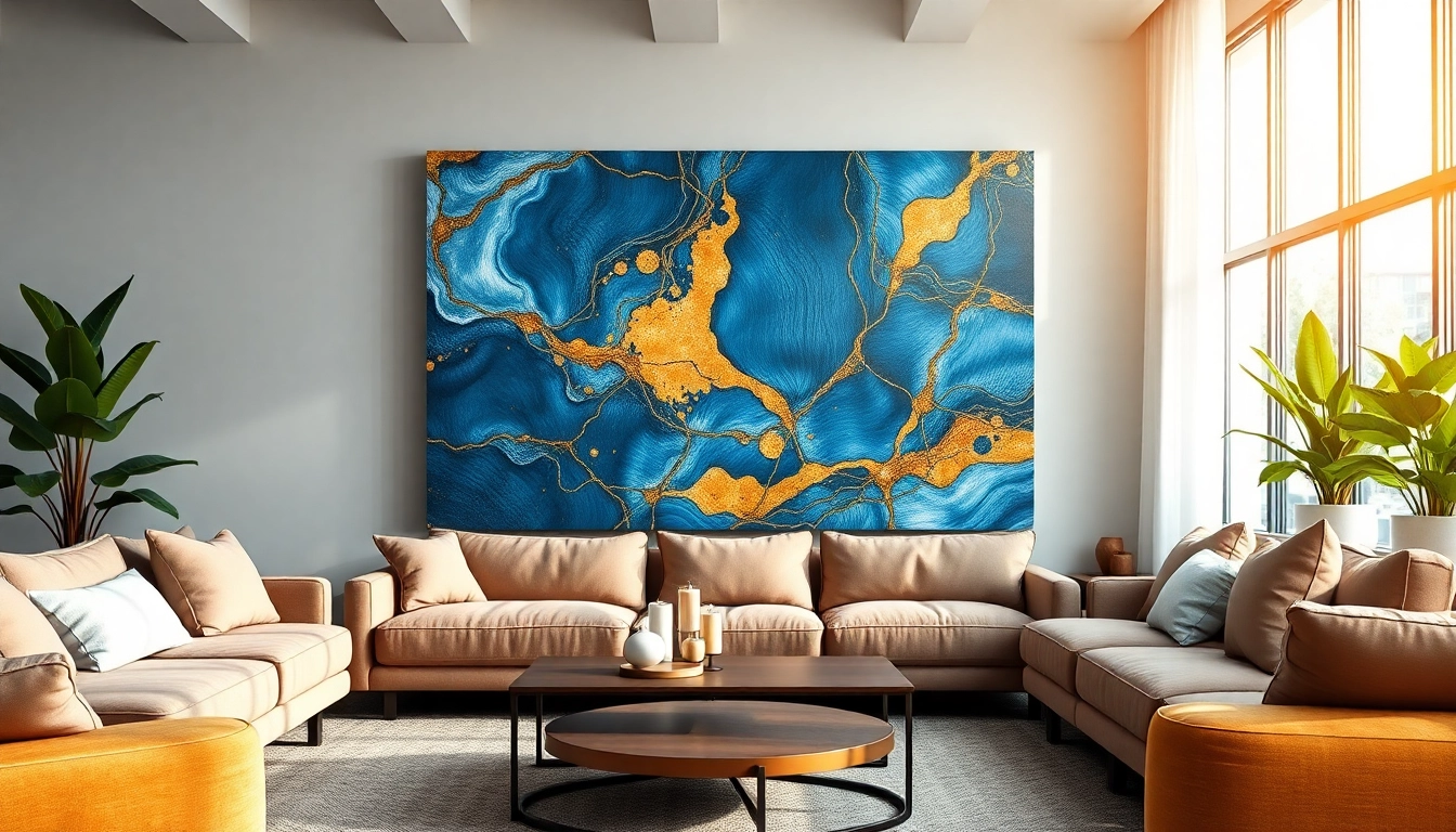 Showcase of Canvas Print Wall Art in a stylish living room, featuring vibrant abstract designs.