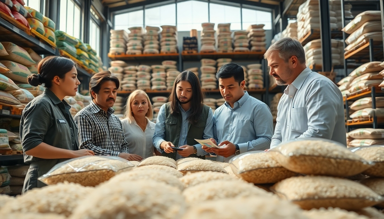 Engaging rice buyers analyzing different rice varieties in a warehouse setting.