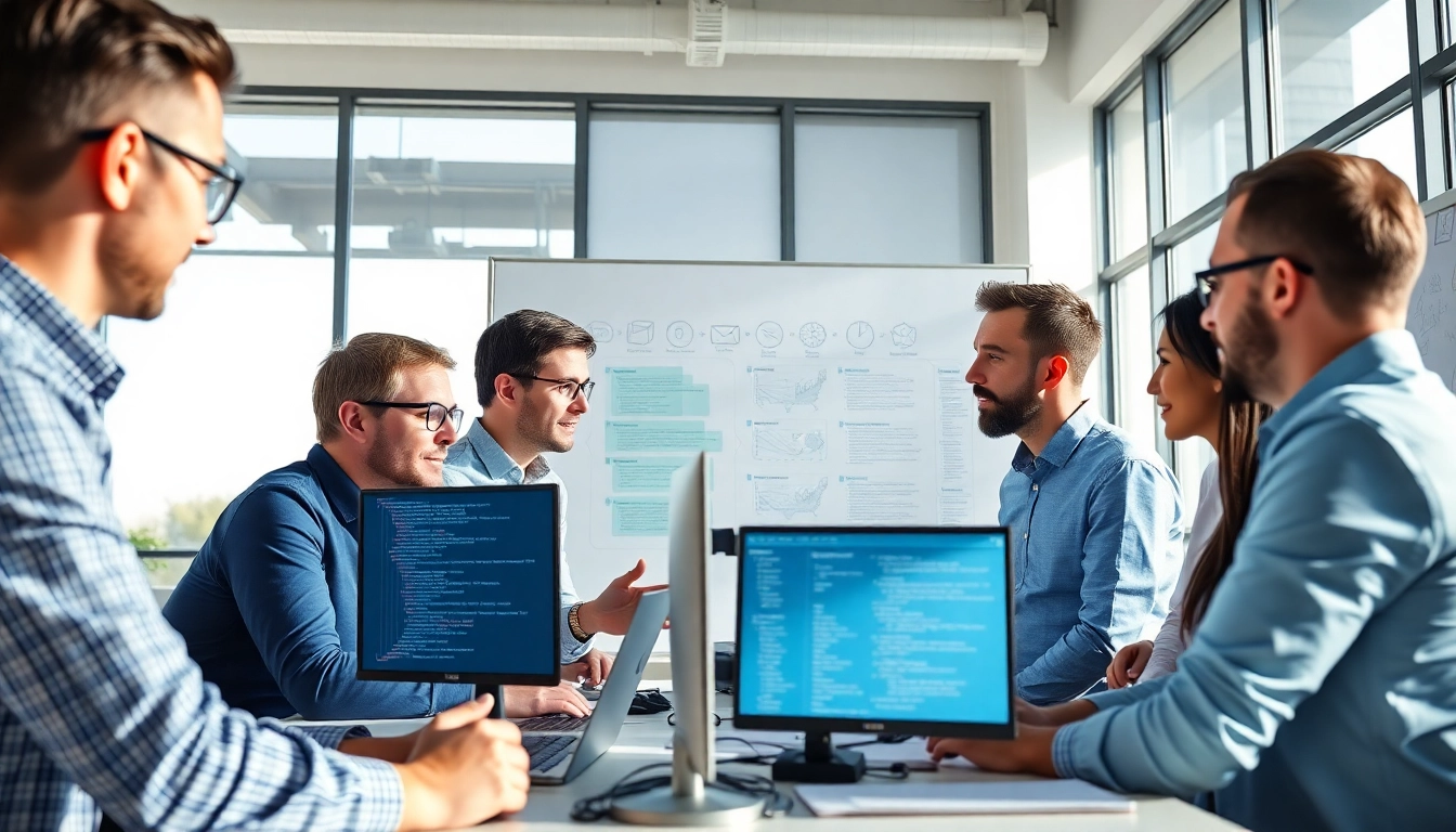 Site reliability engineering experts collaborating in a modern office, showcasing teamwork.