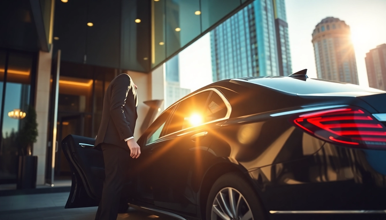 Engaging chauffeur service Vancouver with a professional chauffeur and luxurious vehicle at a hotel entrance.
