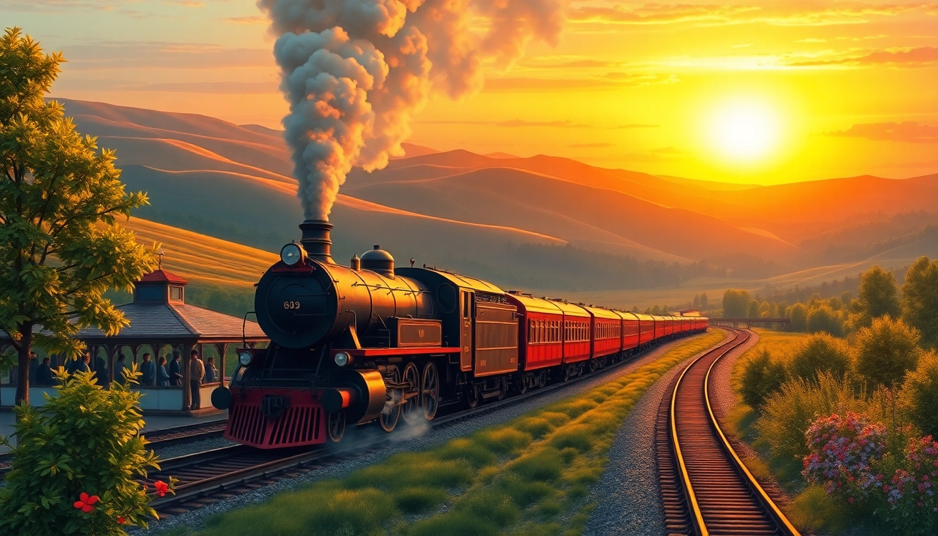 Experience railroad tycoon free download with a vibrant steam locomotive and train station scene.