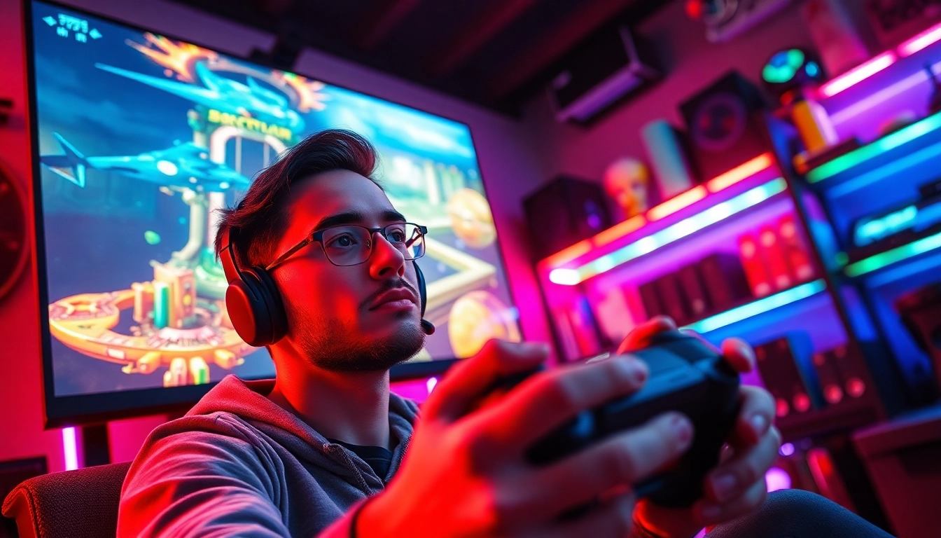 Permainan game online yang menarik dengan gamer serius di depan monitor canggih.