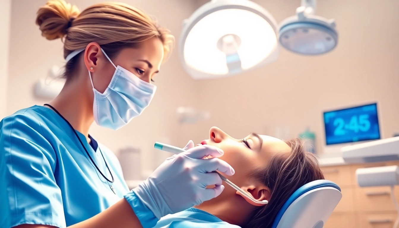 A dental hygienist demonstrating proper hygiene practices during a cleaning session.