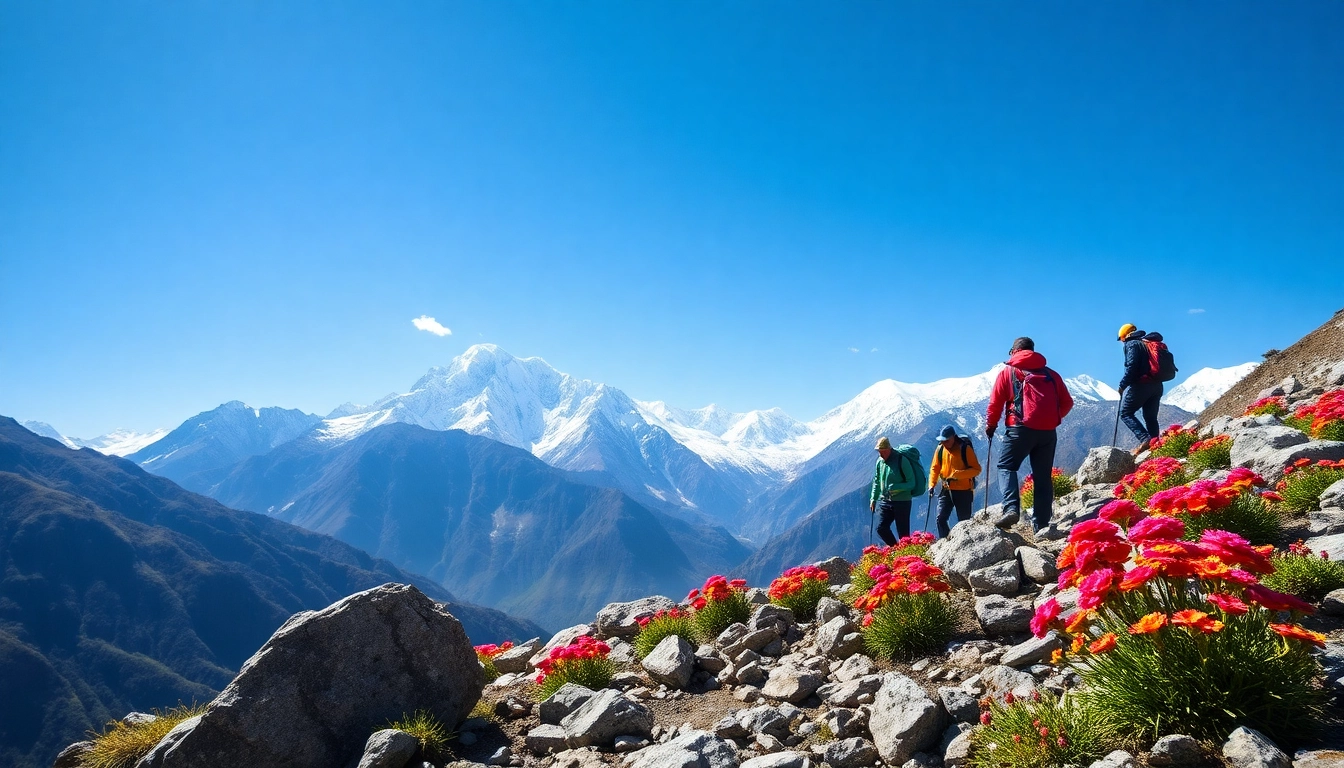 Adventurers trekking through breathtaking landscapes of Langtang Valley Trek showcasing vibrant flora and mountains.