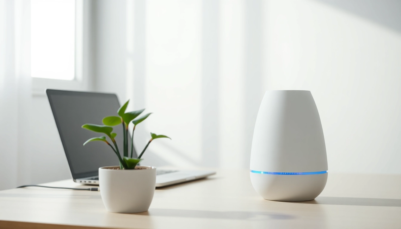 Enhance your space with a USB Air Humidifier Diffuser producing soothing mist in a calm home office.