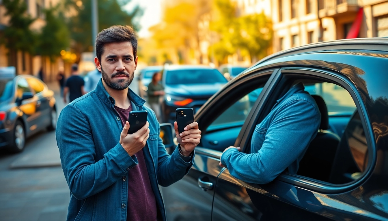 Car owner searching for a solution to retrieve Keys Locked in Car, holding a phone and slim jim tool.
