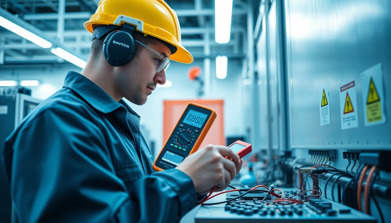Electrical Testing in an industrial setting with a technician examining circuit boards.
