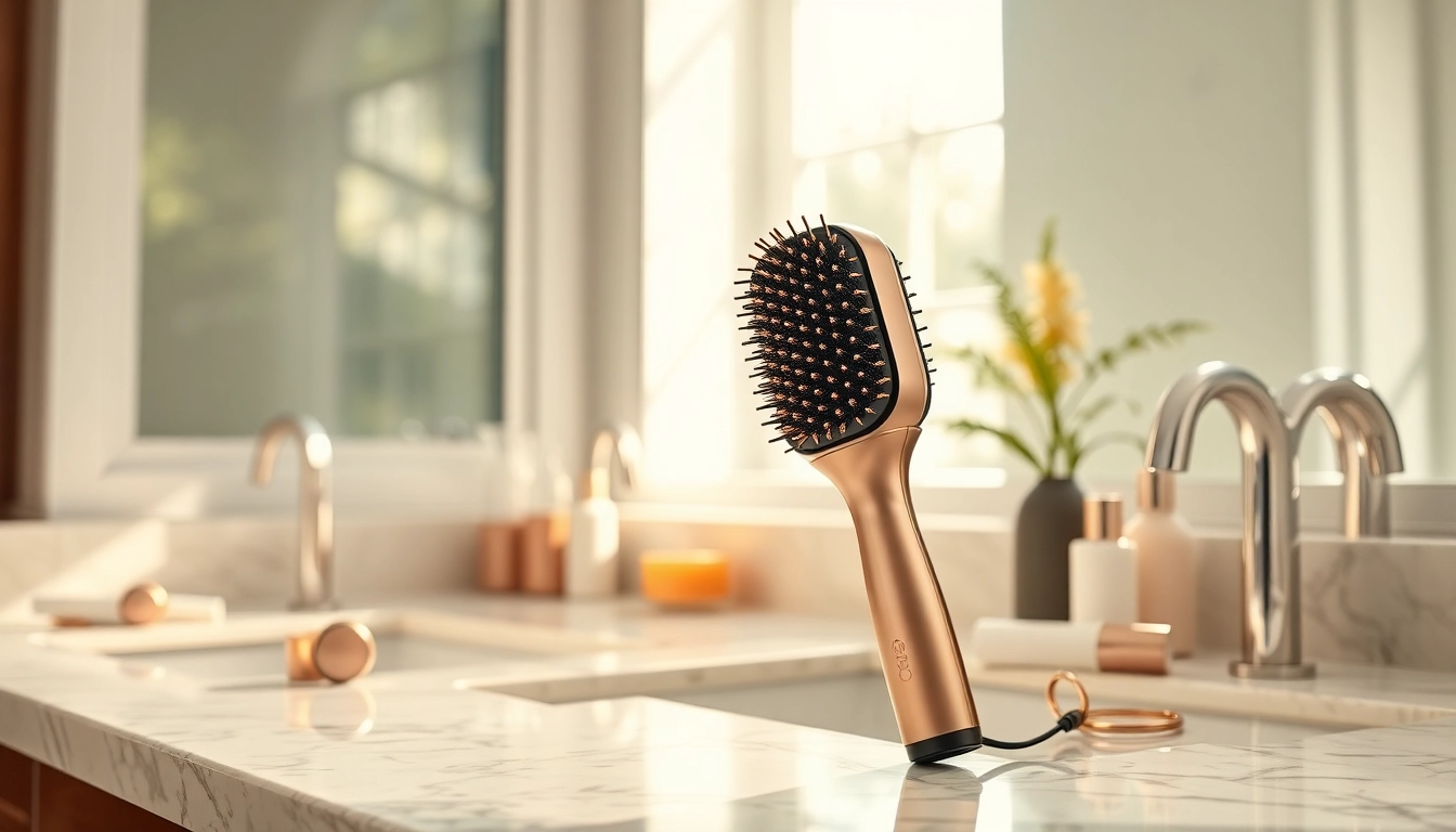 Using a Blow Dryer Brush to create a sleek hairstyle in a bright bathroom.