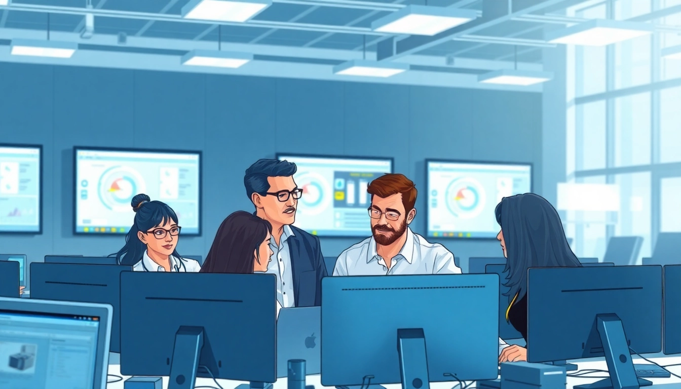 Site reliability engineering experts working collaboratively in a modern tech office environment.