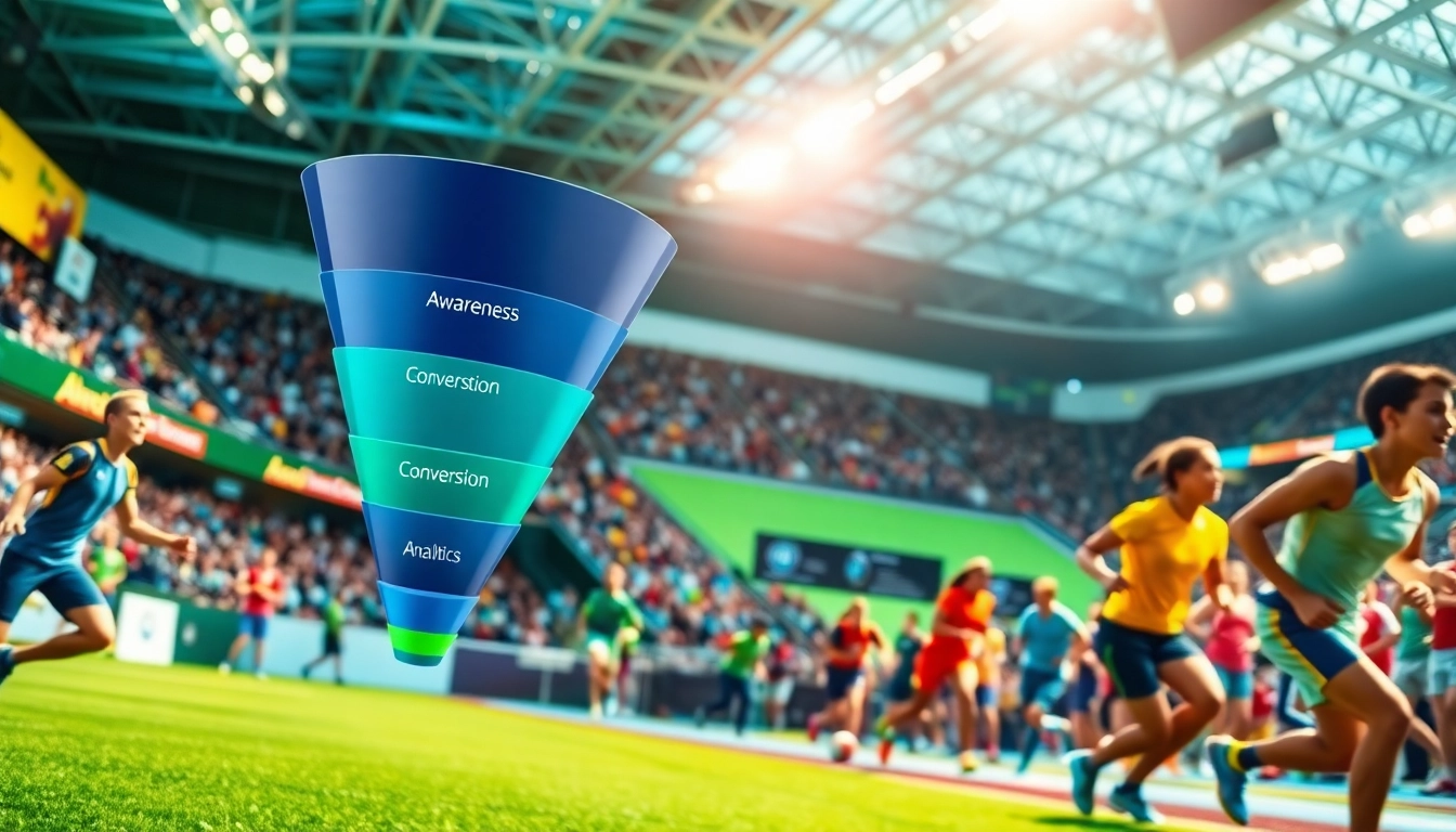 Visualize funnels for sports businesses showcasing marketing stages with athletes and vibrant activity
