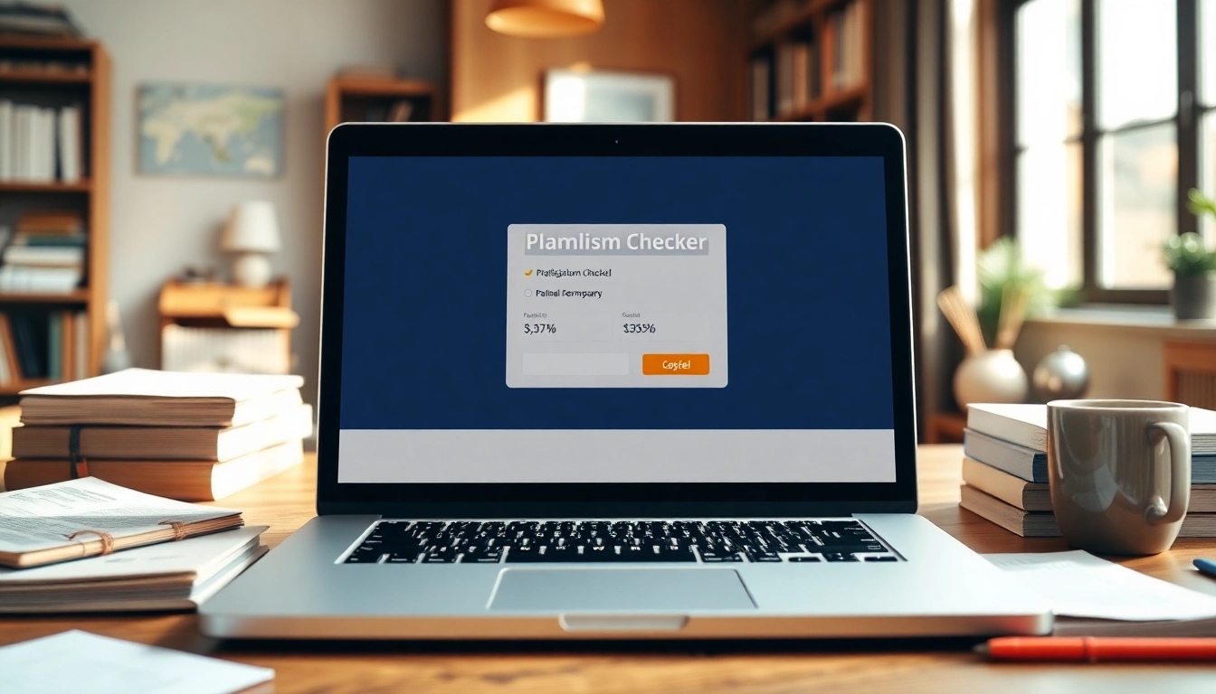 Check plagiarism using an advanced plagiarism checker tool displayed on a laptop screen.
