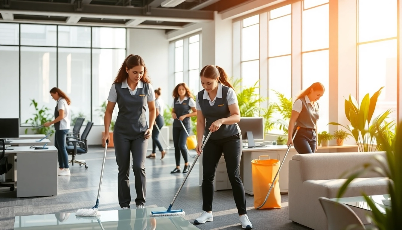 Enhancing workspace hygiene with professional office cleaning Melbourne services, highlighting teamwork and cleanliness.