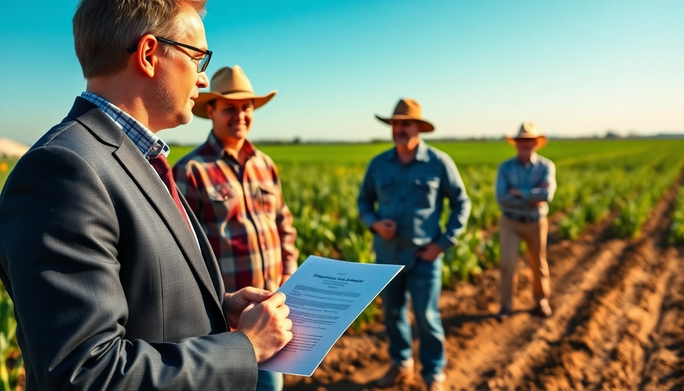 Engaging agriculture lawyer advising farmers in a sunny field, showcasing legal expertise.